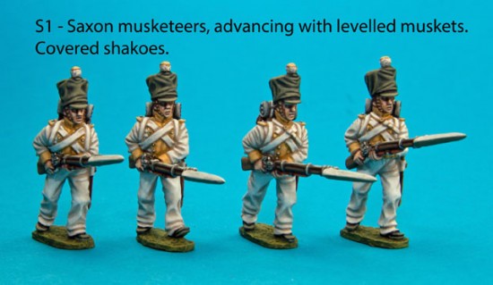 Calpe Pack S1: advancing Saxon musketeers with covered shakos.