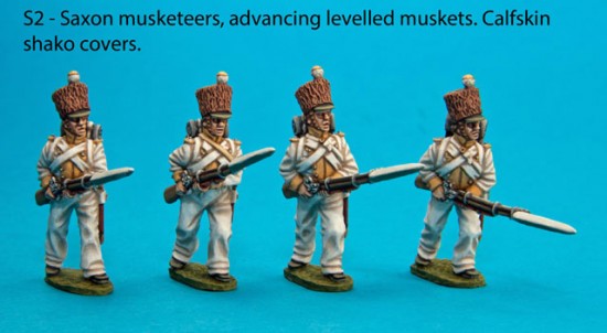 Calpe Pack S2: advancing Saxon musketeers with calfskin shako covers.